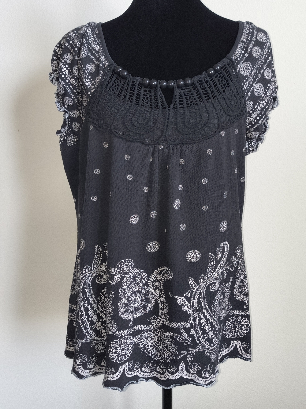 Cato Black Paisley Crochet-Yoke Blouse Size L